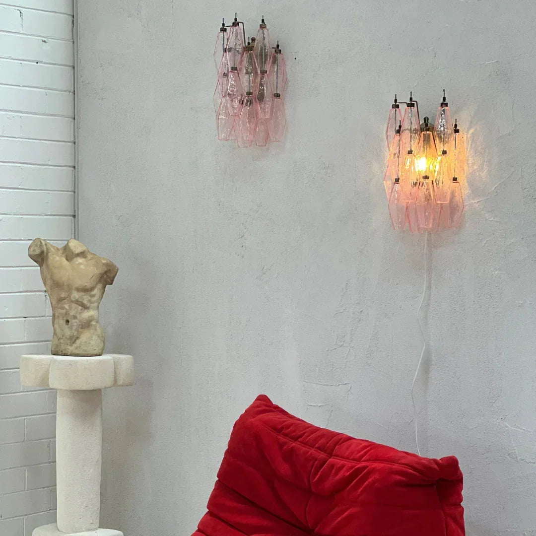 Murano Poliedri Pink Glass Wall Sconces - Dia 9.8″(25cm) x H 15.7″(40cm) Set Of 2Pinkcasivra
