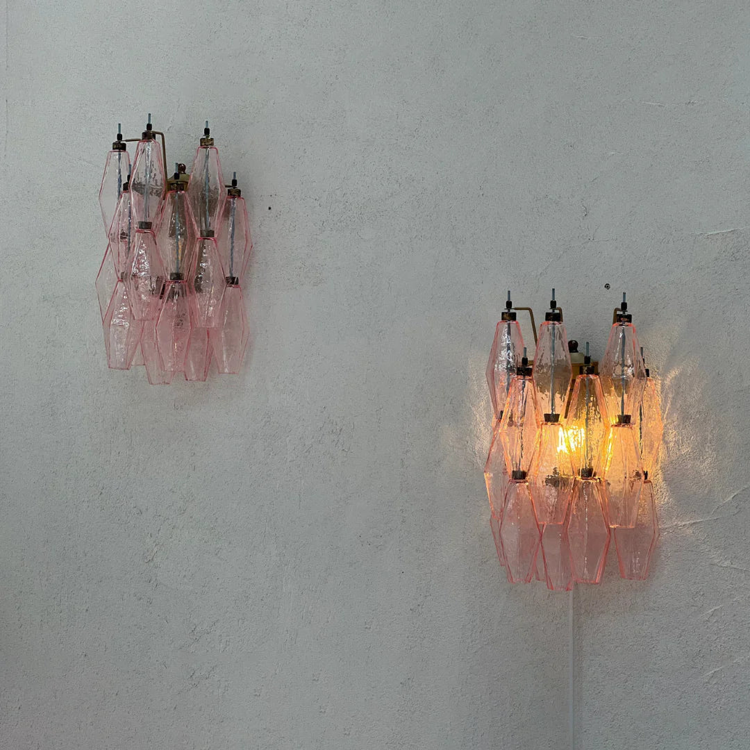 Murano Poliedri Pink Glass Wall Sconces - Dia 9.8″(25cm) x H 15.7″(40cm) Set Of 2Pinkcasivra