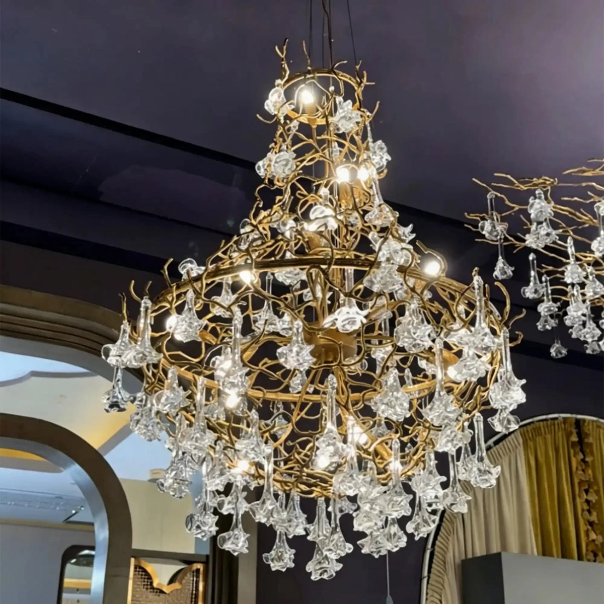 Nature-inspired Brass Tree Chandelier with Glazed Glass Flowers - Style D/L78.7"*W39.4"*H25.59"(L200cm*W100cm*H65cm)Warm Lightcasivra