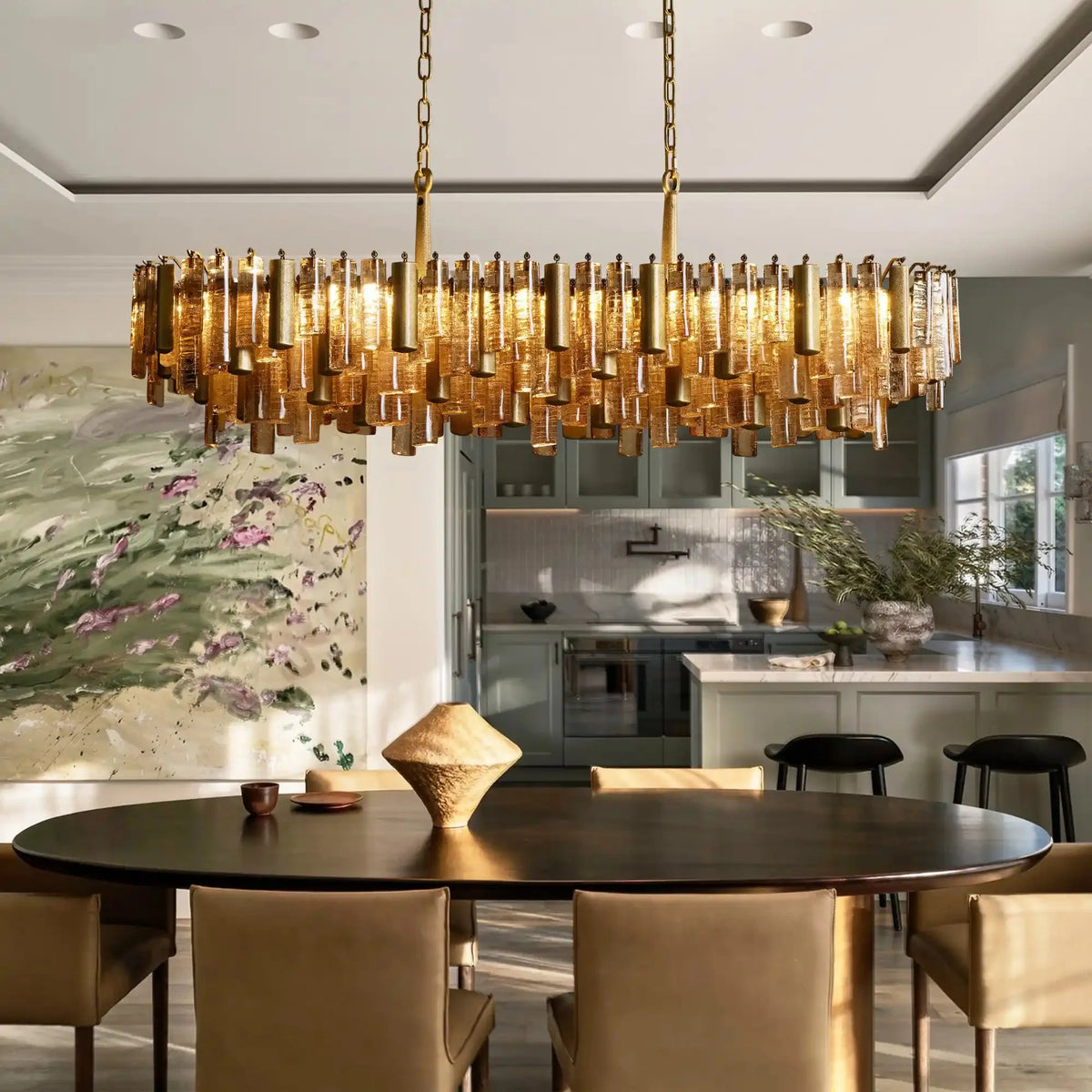 Nerina Linear Chandelier in brass - modern dining room lighting