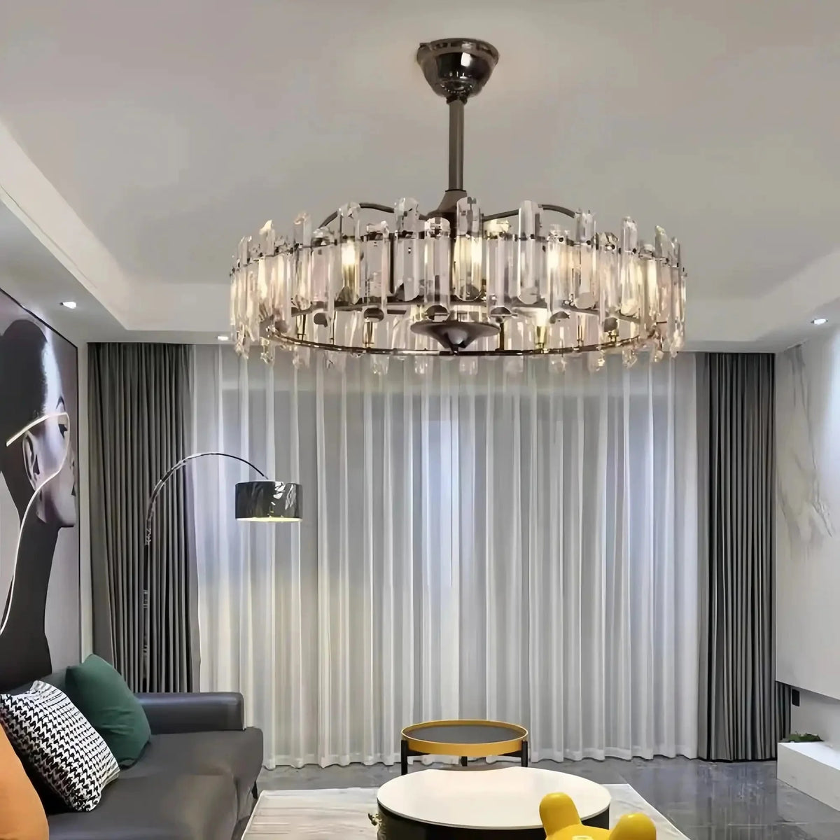 New Modern Invisible Fan Light Candle Crystal Chandelier - Style B: D35.4"Three - Color Light (Warm/White/Natural)casivra