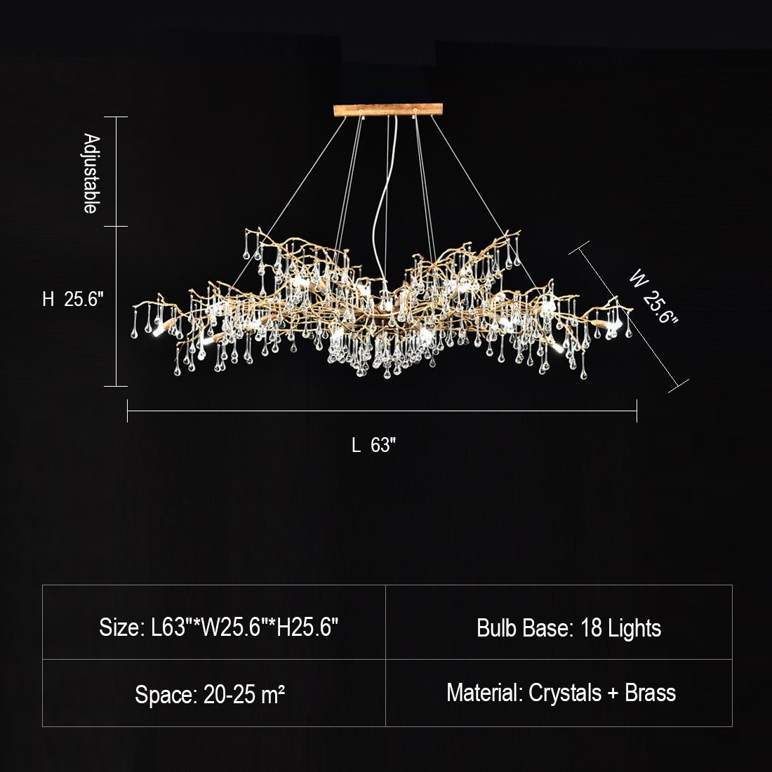 New Style Extra Large Brass Branch Chandelier Light Crystal Drops Pendant Lamp For Living/ Dining Room - L63"*W25.6"*H25.6"/ 18 Lights/53.6kgWarm Lightcasivra