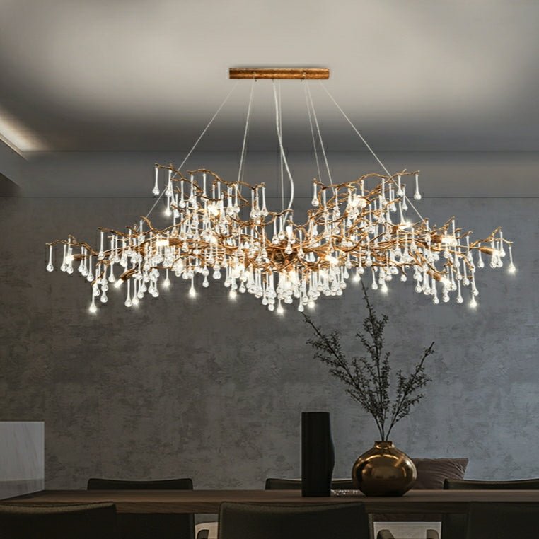 New Style Extra Large Brass Branch Chandelier Light Crystal Drops Pendant Lamp For Living/ Dining Room - L47.2"*W21.7"*H23.6"/ 14 Lights/36.4kgWarm Lightcasivra