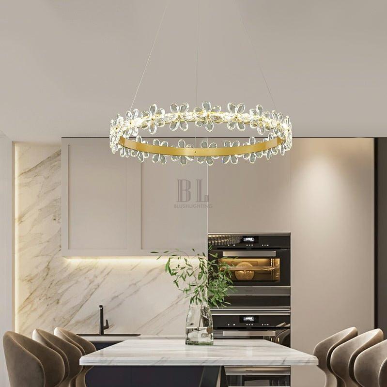 New Style Flower Crystal Chandelier For Living Room Petal Ring Pendant Lighting Fixture for Girls Bedroom - Rectangle L36.6"Warm Lightcasivra