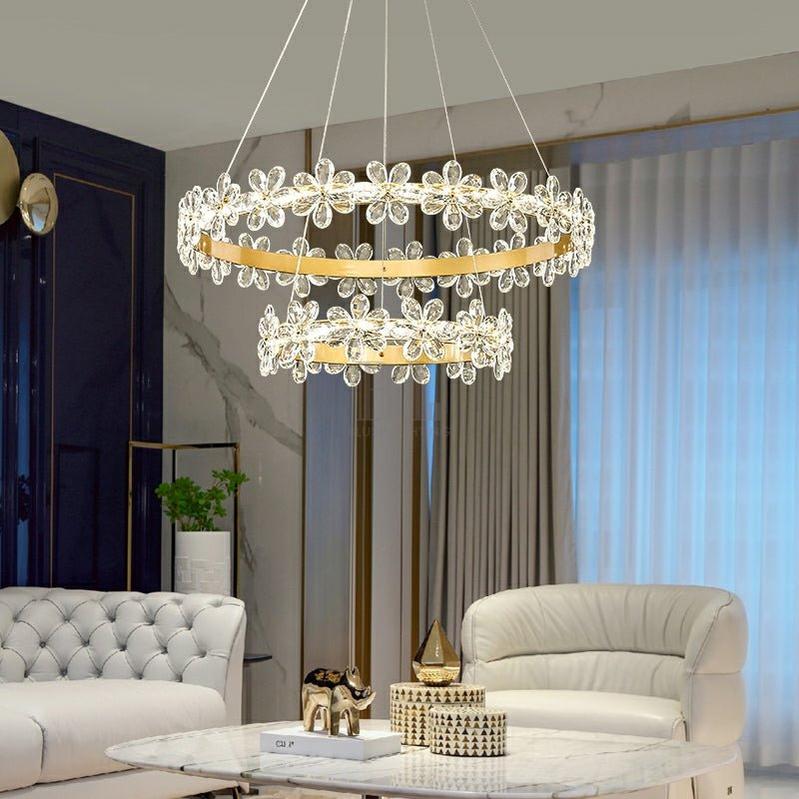 New Style Flower Crystal Chandelier For Living Room Petal Ring Pendant Lighting Fixture for Girls Bedroom - 2 Rings D23.6"+D13.8"Warm Lightcasivra