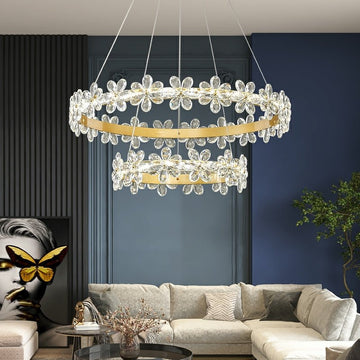 New Style Flower Crystal Chandelier For Living Room Petal Ring Pendant Lighting Fixture for Girls Bedroom - 2 Rings D23.6"+D13.8"Warm Lightcasivra