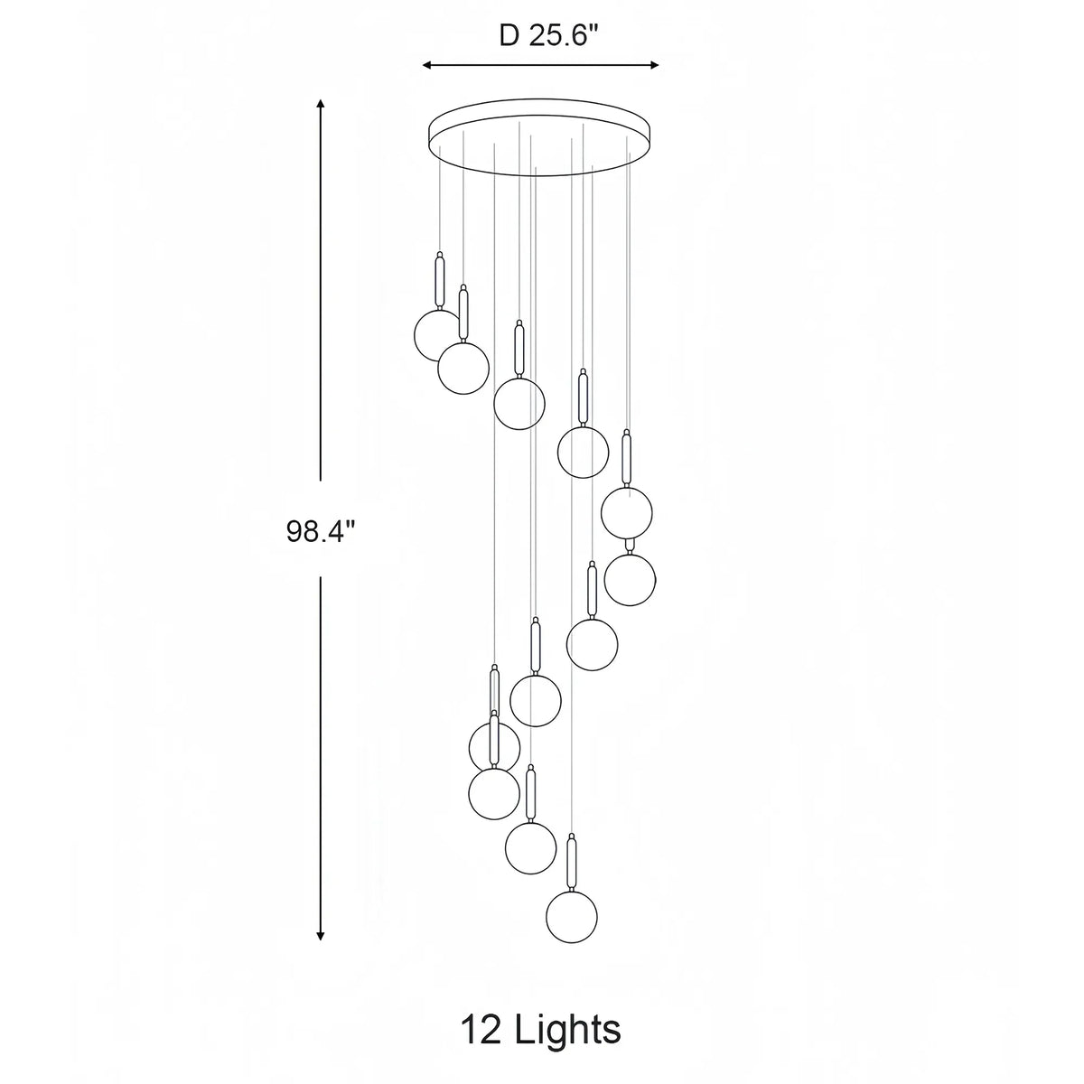 Nordic Extra Large Minimalist Long Pendant Light for High Ceiling Staircase - 12 Lights/ D25.6"*H98.4"BlackWarm Lightcasivra
