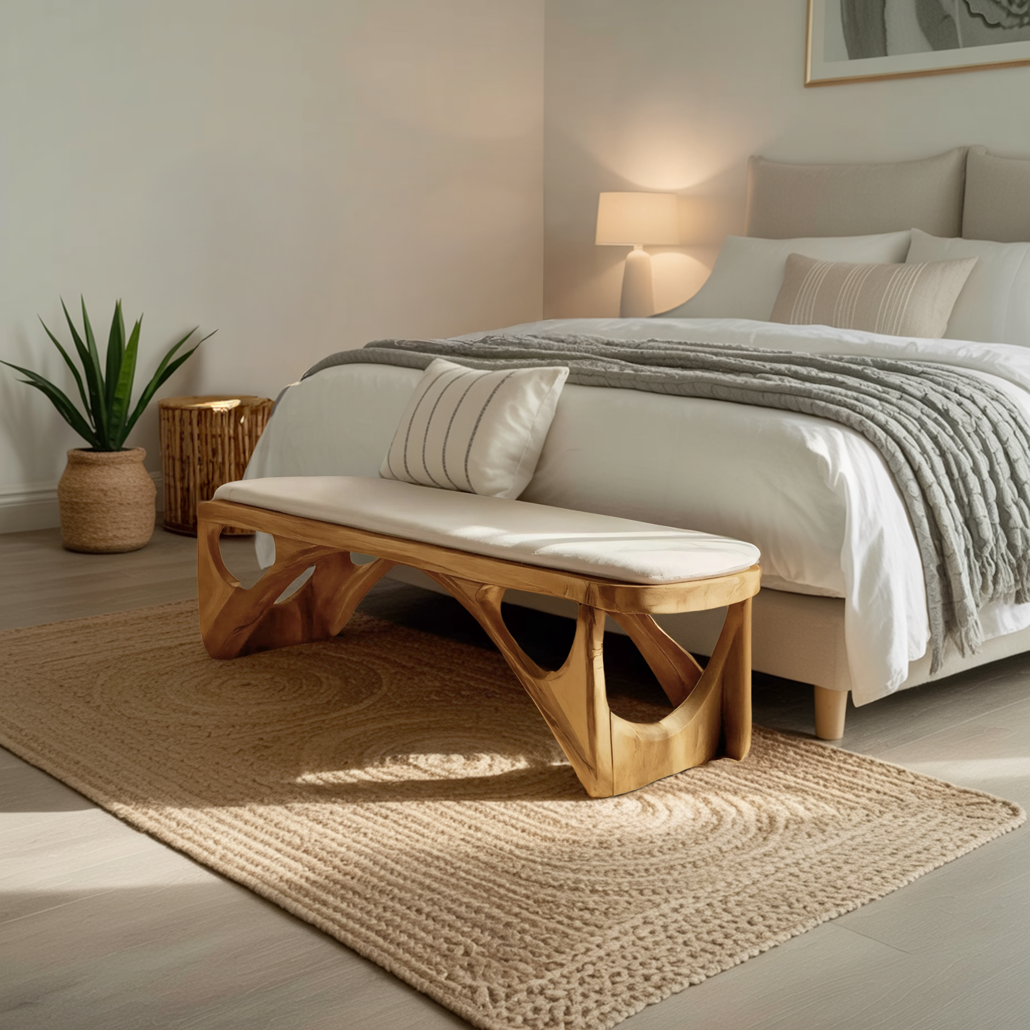 Modern Sculpted Wood Bench For Bedroom Interior Styling