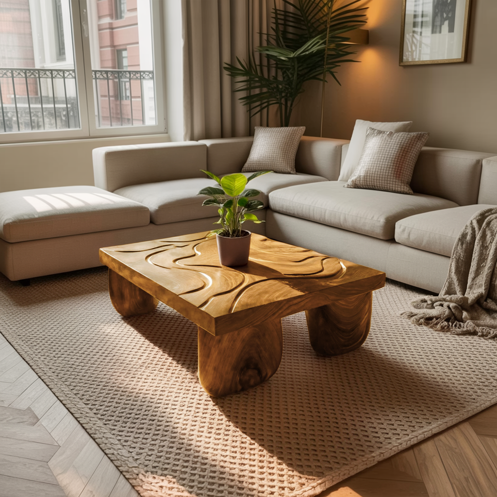 Mid Century Solid Wood Irregular Coffee Table For Entryway