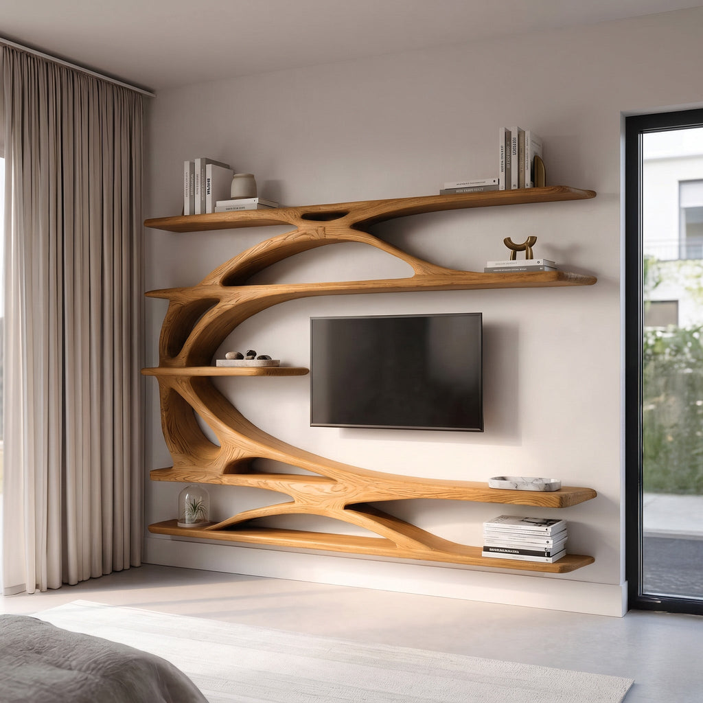 Modern Wall Mounted TV Stand With Bookshelf For Living Room
