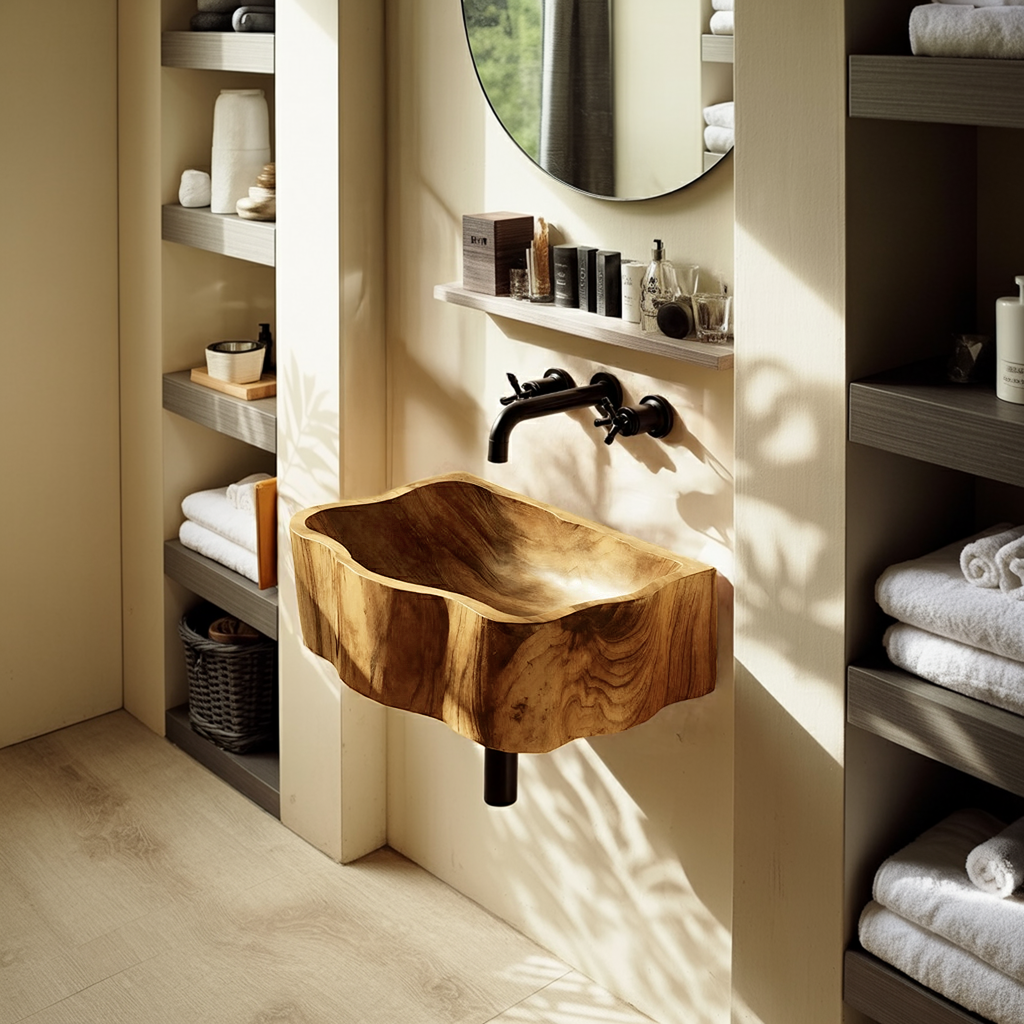 Handcrafted Wall Mounted Wooden Bathroom Sink For Artisan Bathroom Decor
