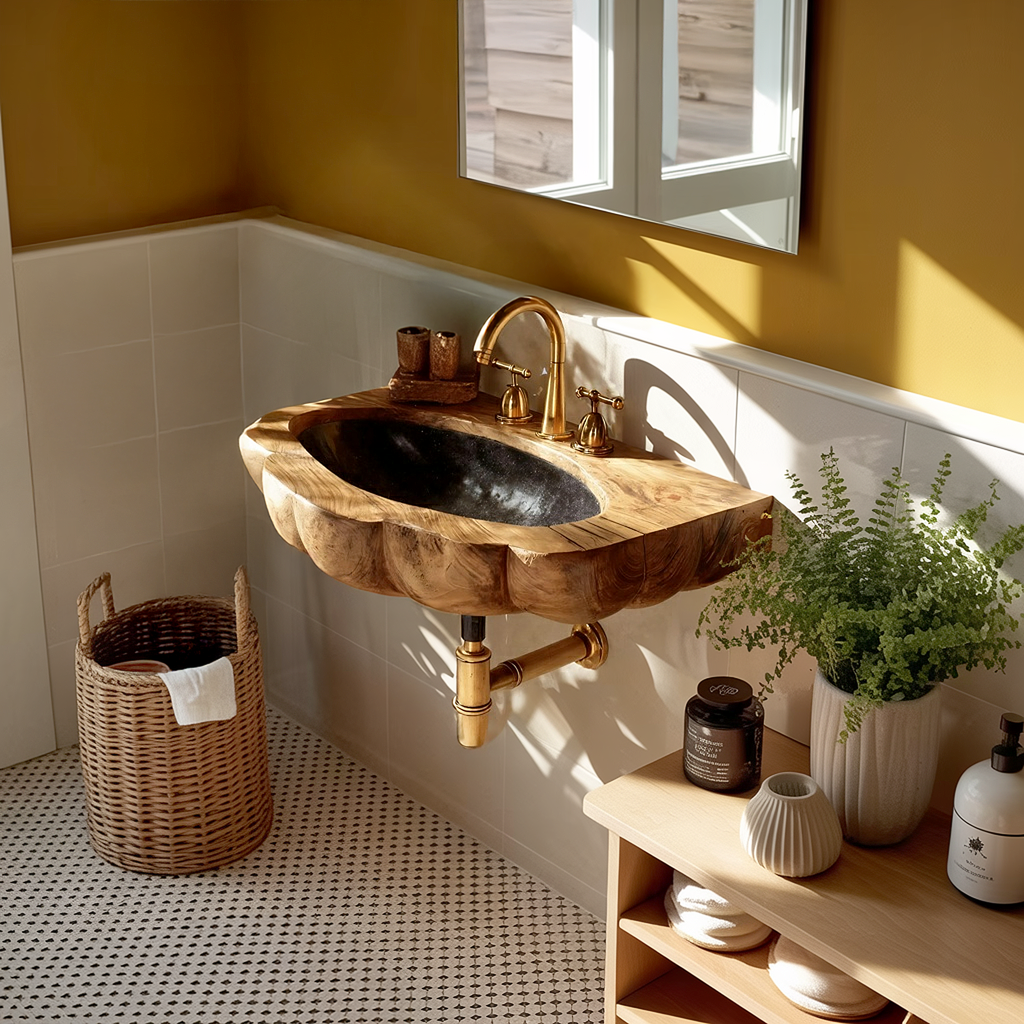Handcrafted Wall Mounted Wooden Bathroom Sink For Premium Bathroom Design