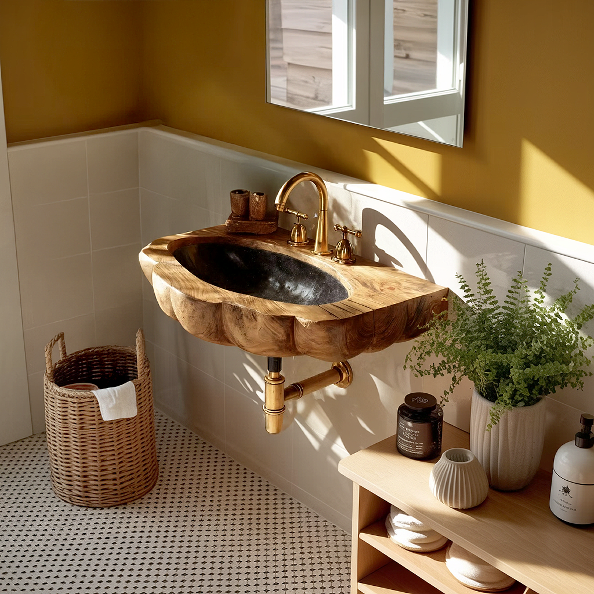 Handcrafted Wall Mounted Wooden Bathroom Sink For Premium Bathroom Design