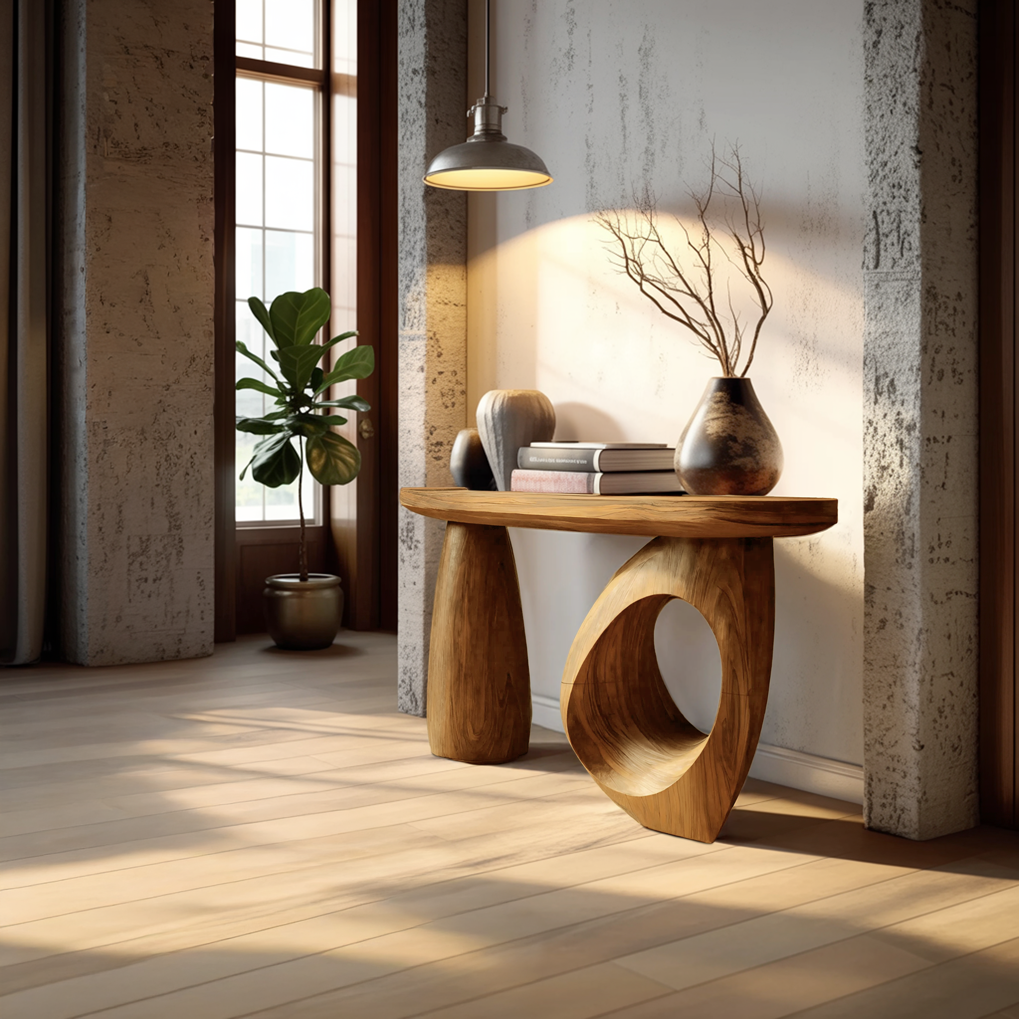 Mid Century Sculptural Live Edge Console Table For Luxury Entryway