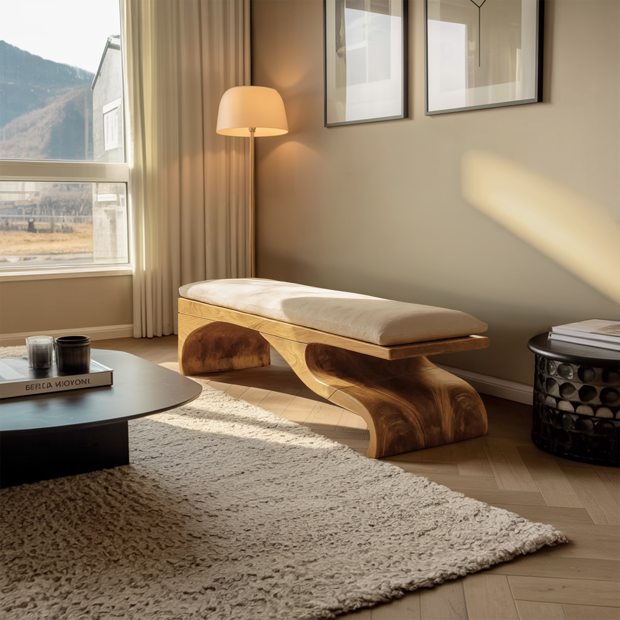 Modern Sculptural Wooden Bench For Bedroom Decor
