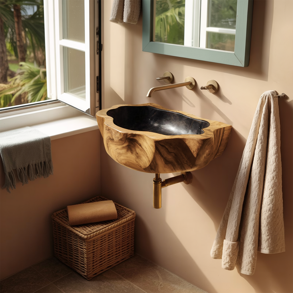 Handcrafted Wall Mounted Wooden Bathroom Sink For Natural Bathroom Decor