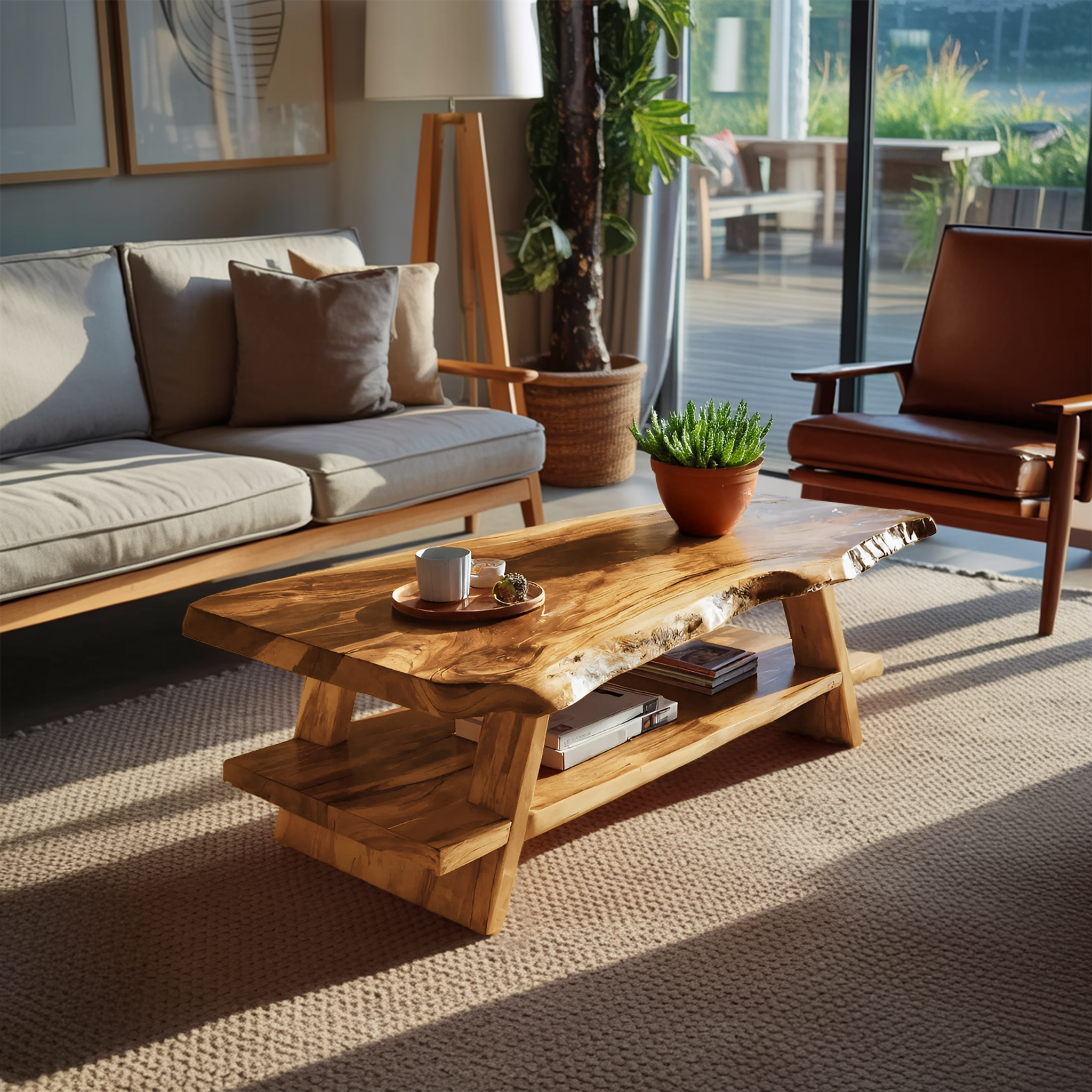 Handcrafted Coffee Table Live Edge And Lower Shelf For Living