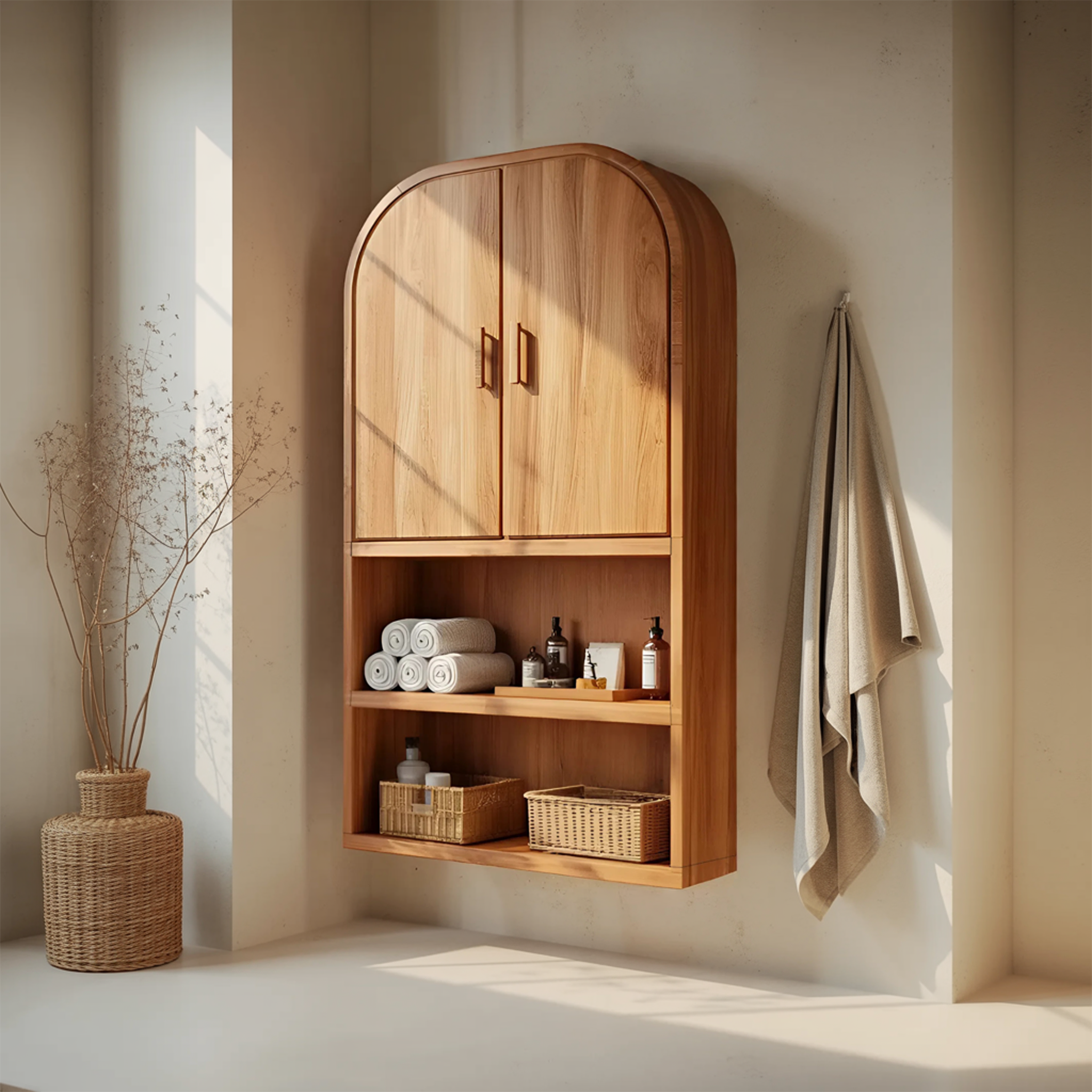 Arched Wall Cabinet With Open Shelves For Bathroom