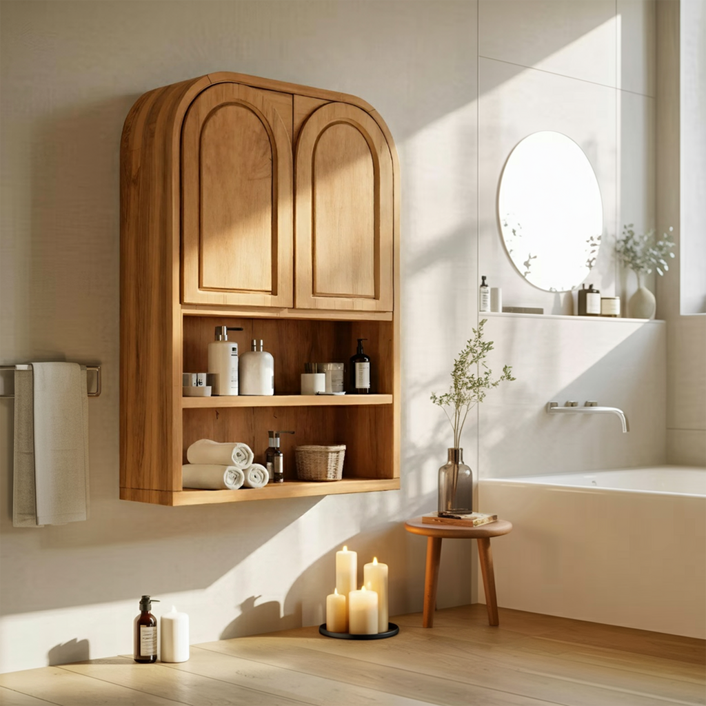 Double Arched Wall Cabinet With Open Shelves For Bathroom