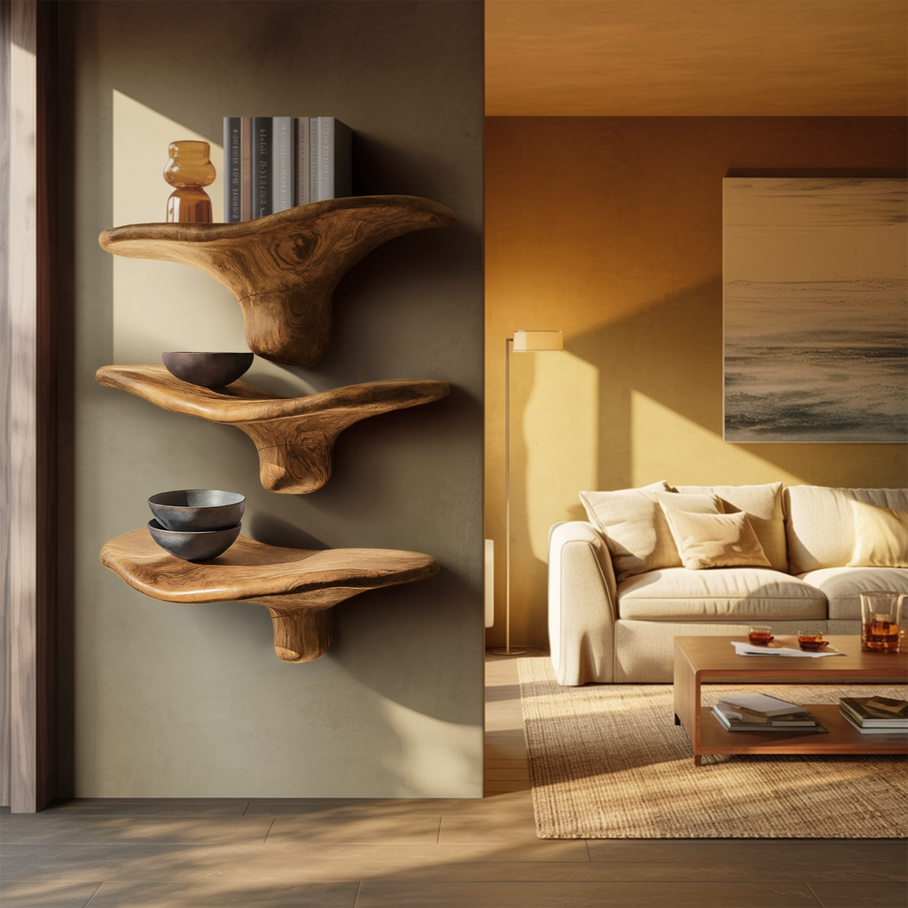 Modern Wooden Live Edge Mushroom Shelf For Minimalist Interior Decor