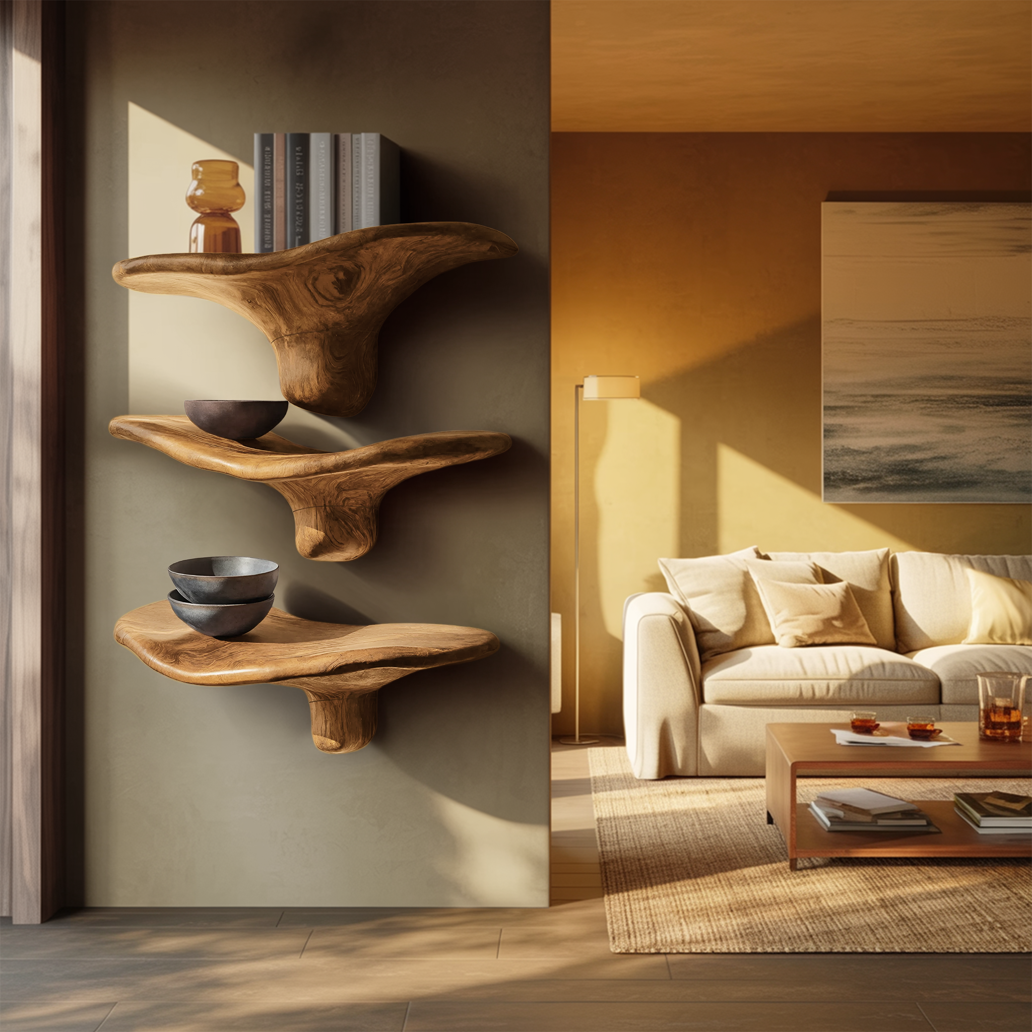 Modern Wooden Live Edge Mushroom Shelf For Minimalist Interior Decor