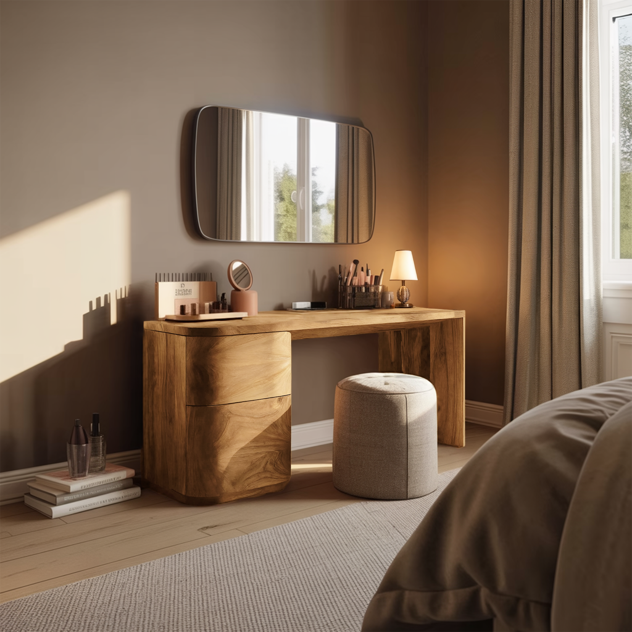 Modern Sculptural Vanity Table With Drawer Storage For Bedroom