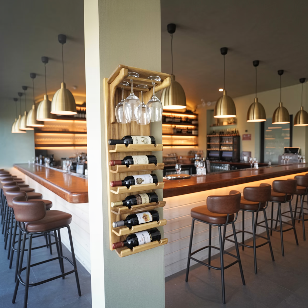 Wall Mounted Wooden Wine Rack With Glass Holder For Kitchen Or Home Bar