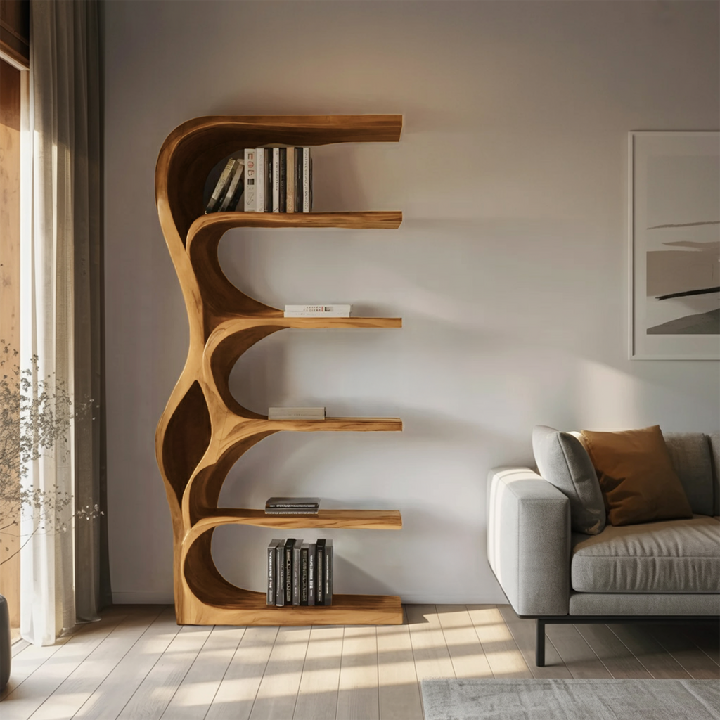 Organic Bookshelf With Curved Open Shelving For Bedroom Decor