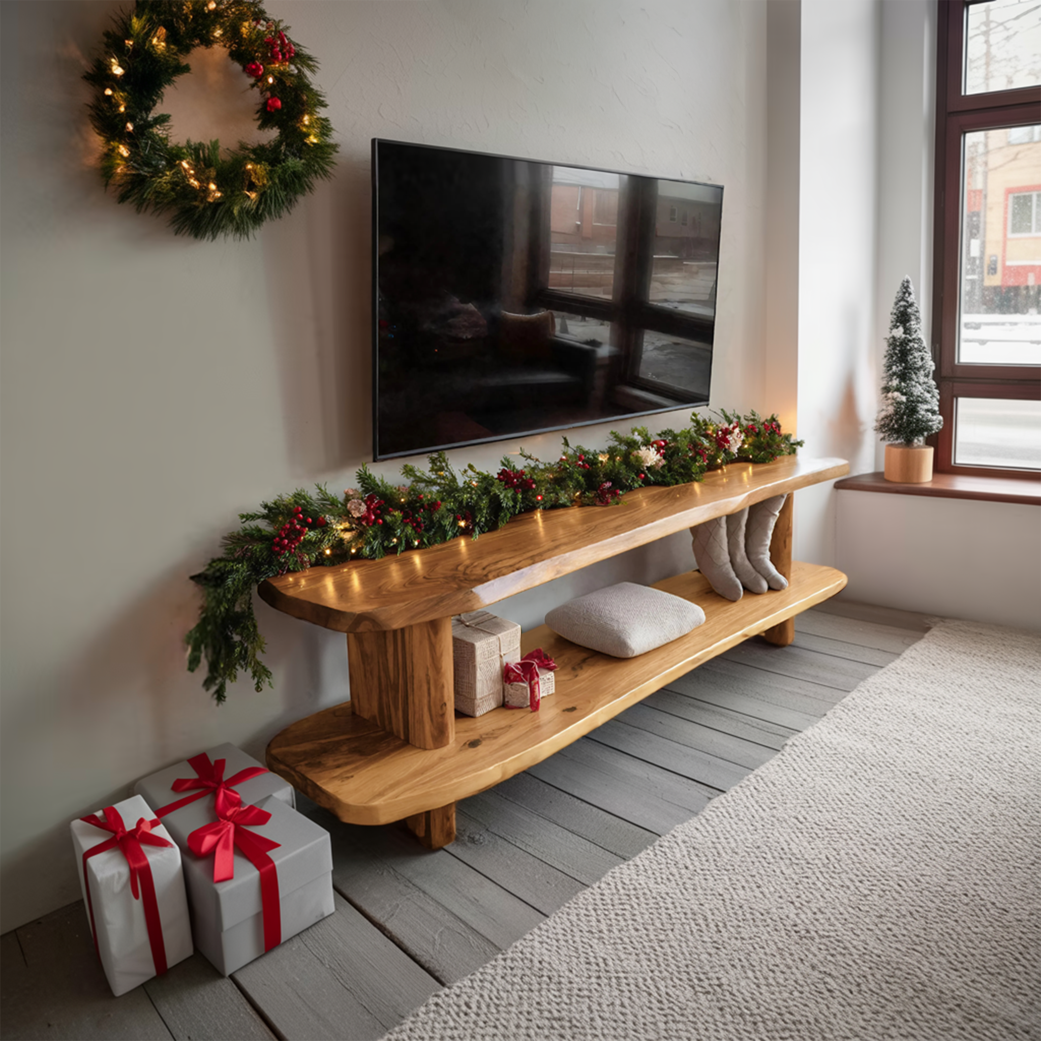 Handcrafted Live Edge Wooden TV Console For Holiday Bedroom Decor