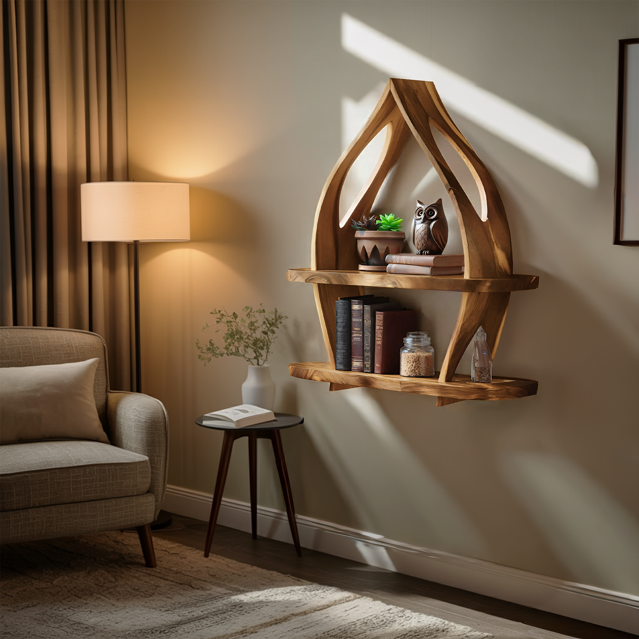 Mid Century Curved Wood Wall Shelf For Furniture Decor