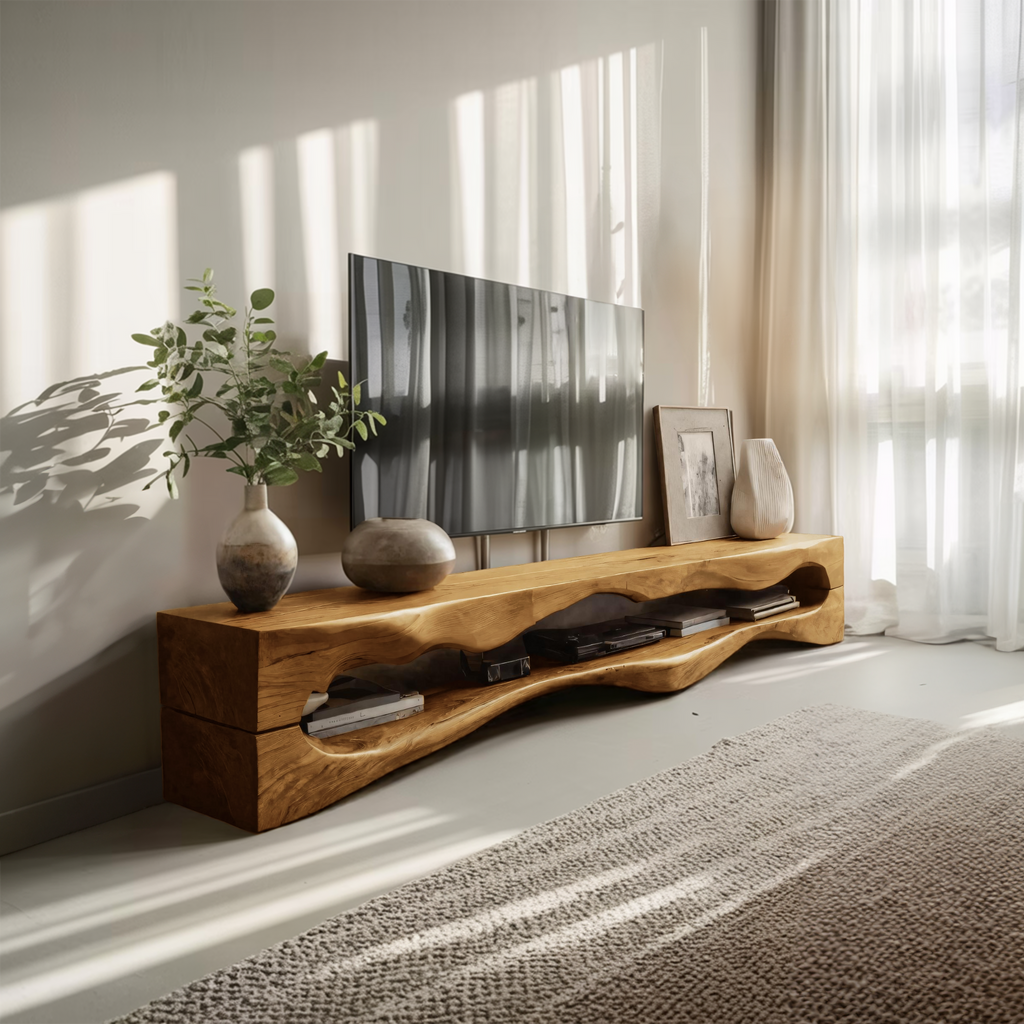 Contemporary Sculptural TV Stand Wavy Carved For Living Room