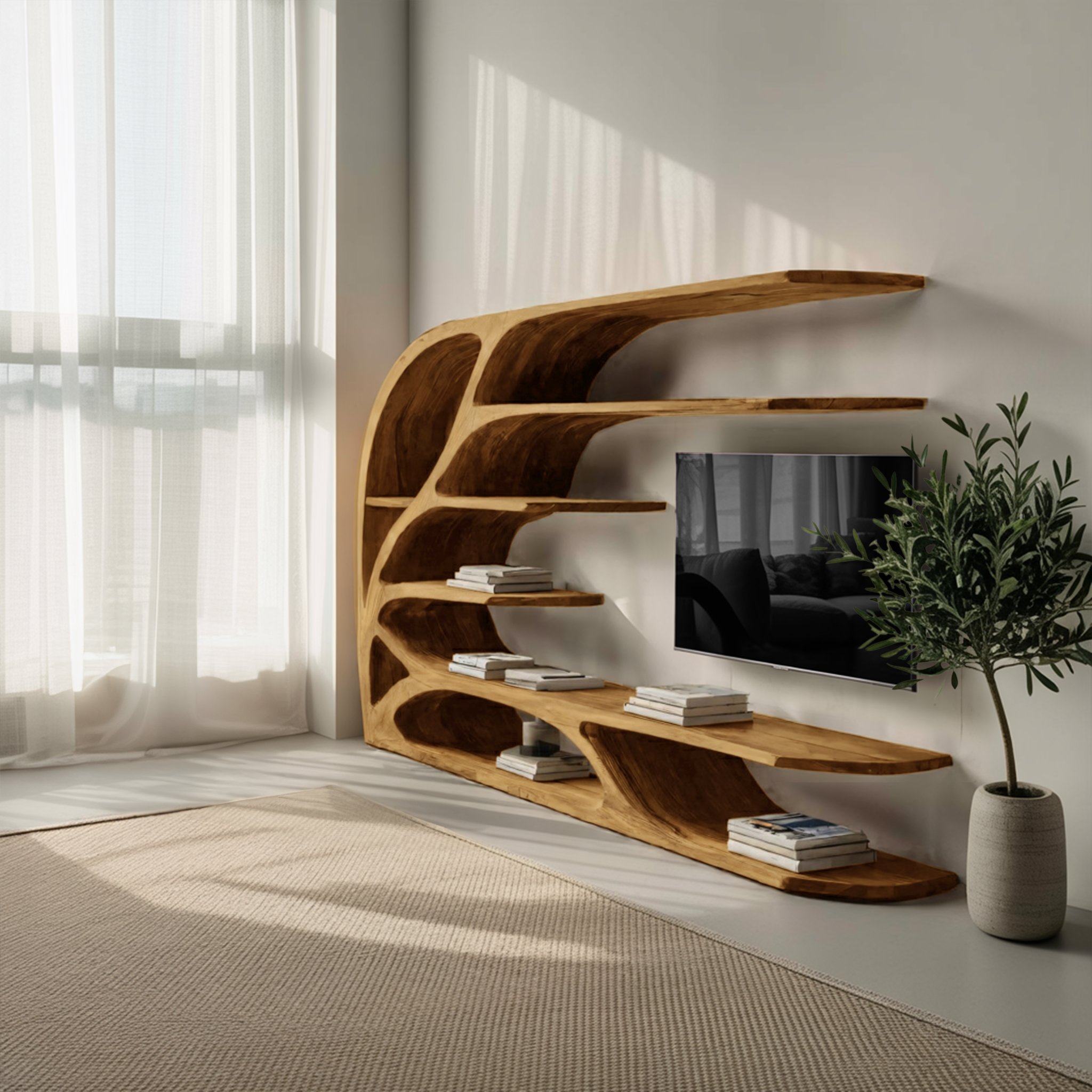Modern Sculptural Wavy Carved Media Console For Living Room