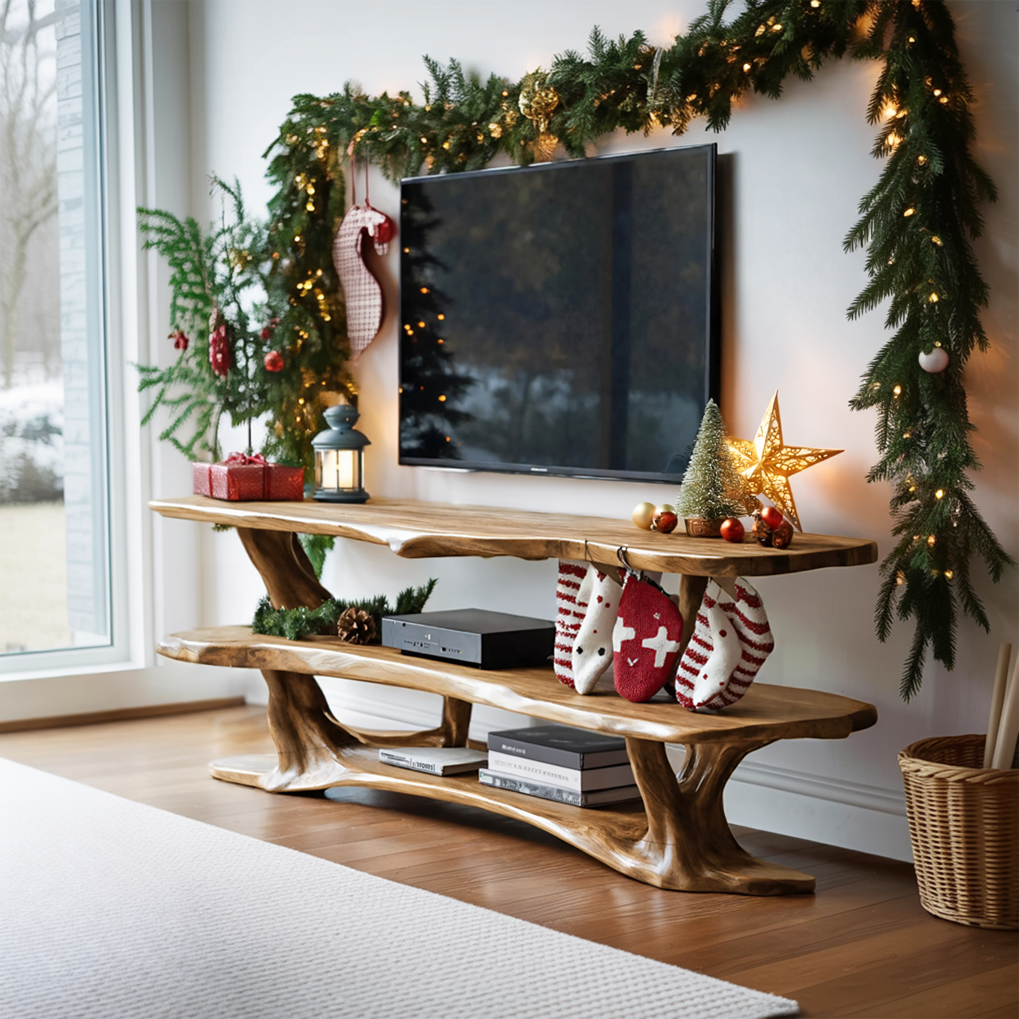 Farmhouse Live Edge Wooden TV Console For Holiday Bedroom Decor