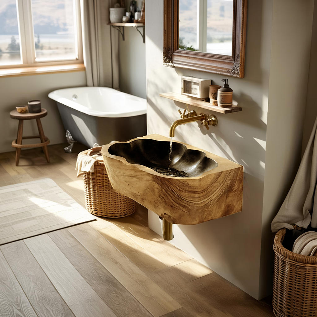 Mid Century Wall Mounted Wooden Bathroom Sink For Designer Bathroom Decor