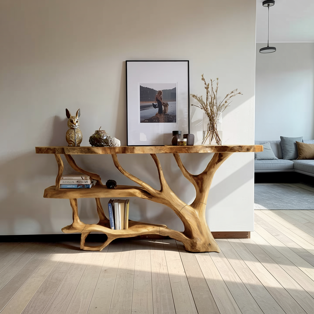 Farmhouse Wooden Live Edge Console Table For Country Living Room Decor