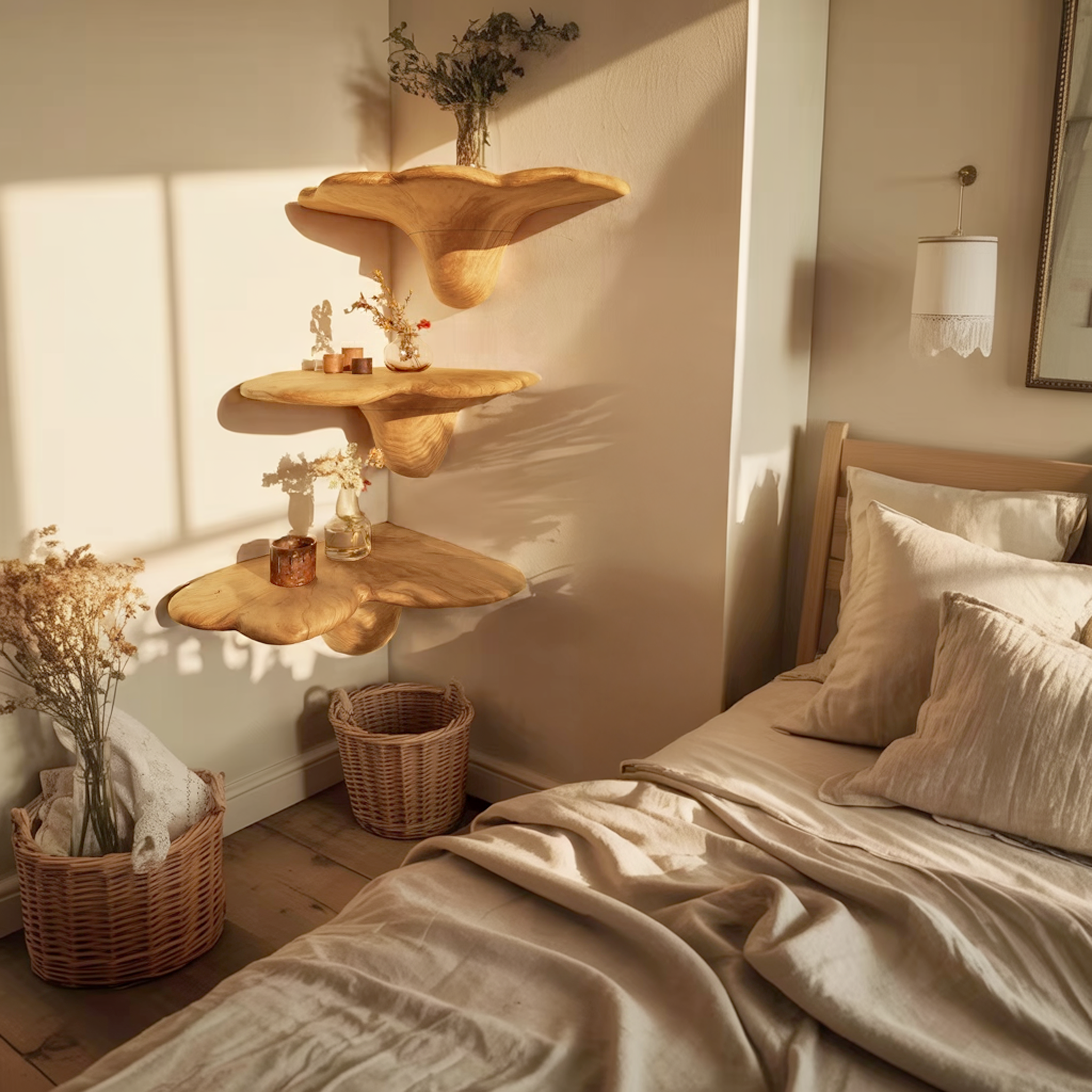 Handcrafted Solid Wood Mushroom Shelf For Bedroom Interior Decor