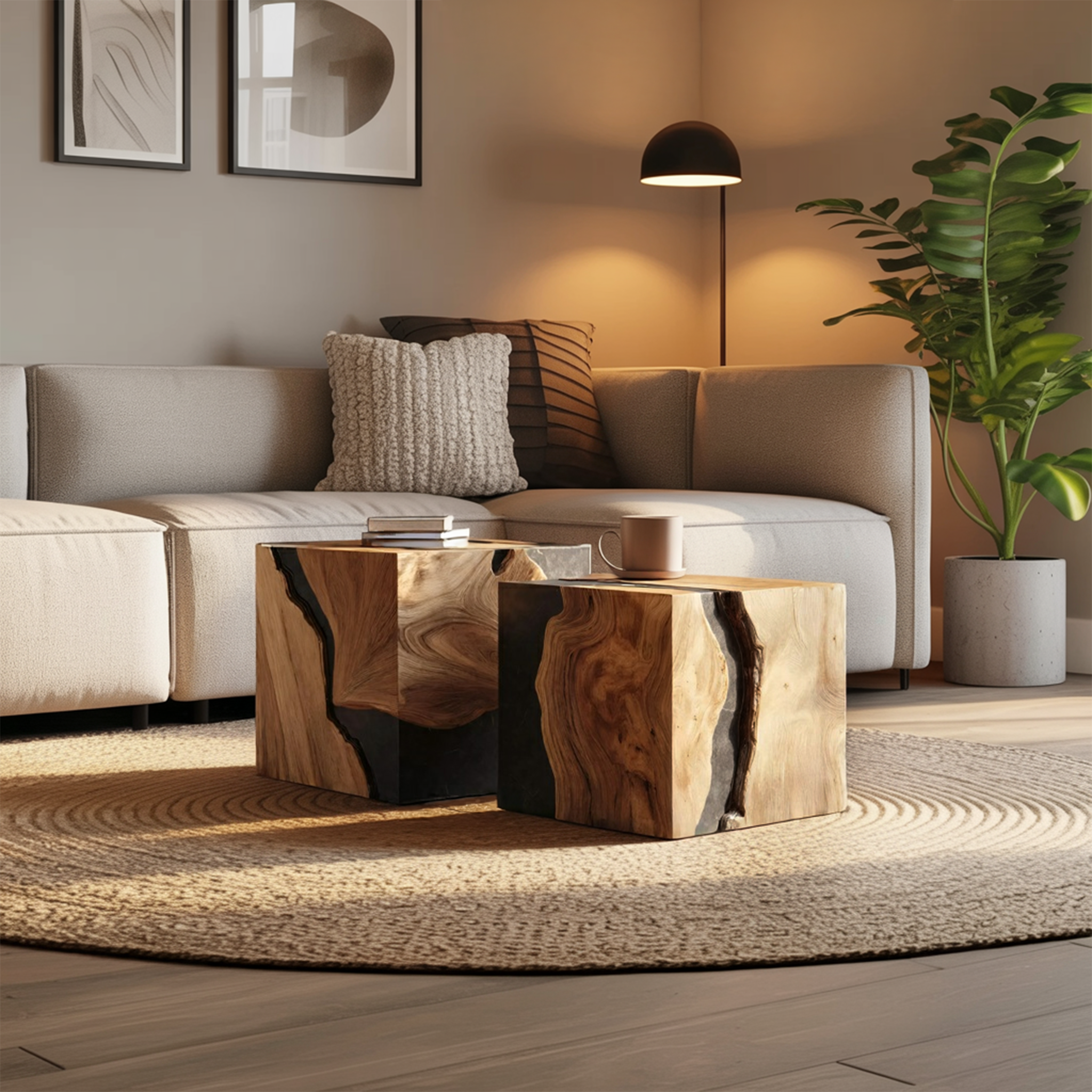 Mid Century Wooden Cube Coffee Table For Living Room Decor