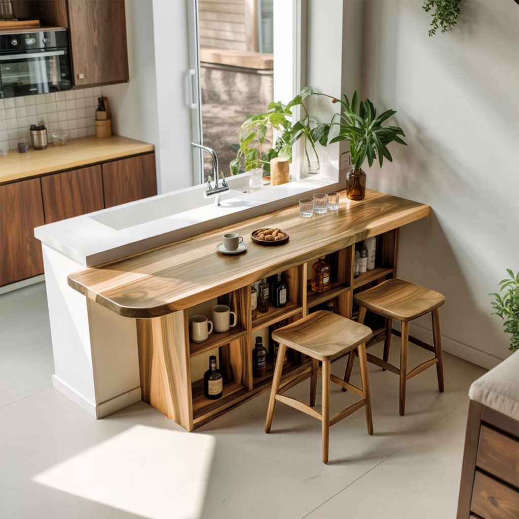 Curved Wood Bar Table With Storage For Kitchen Or Dining Area