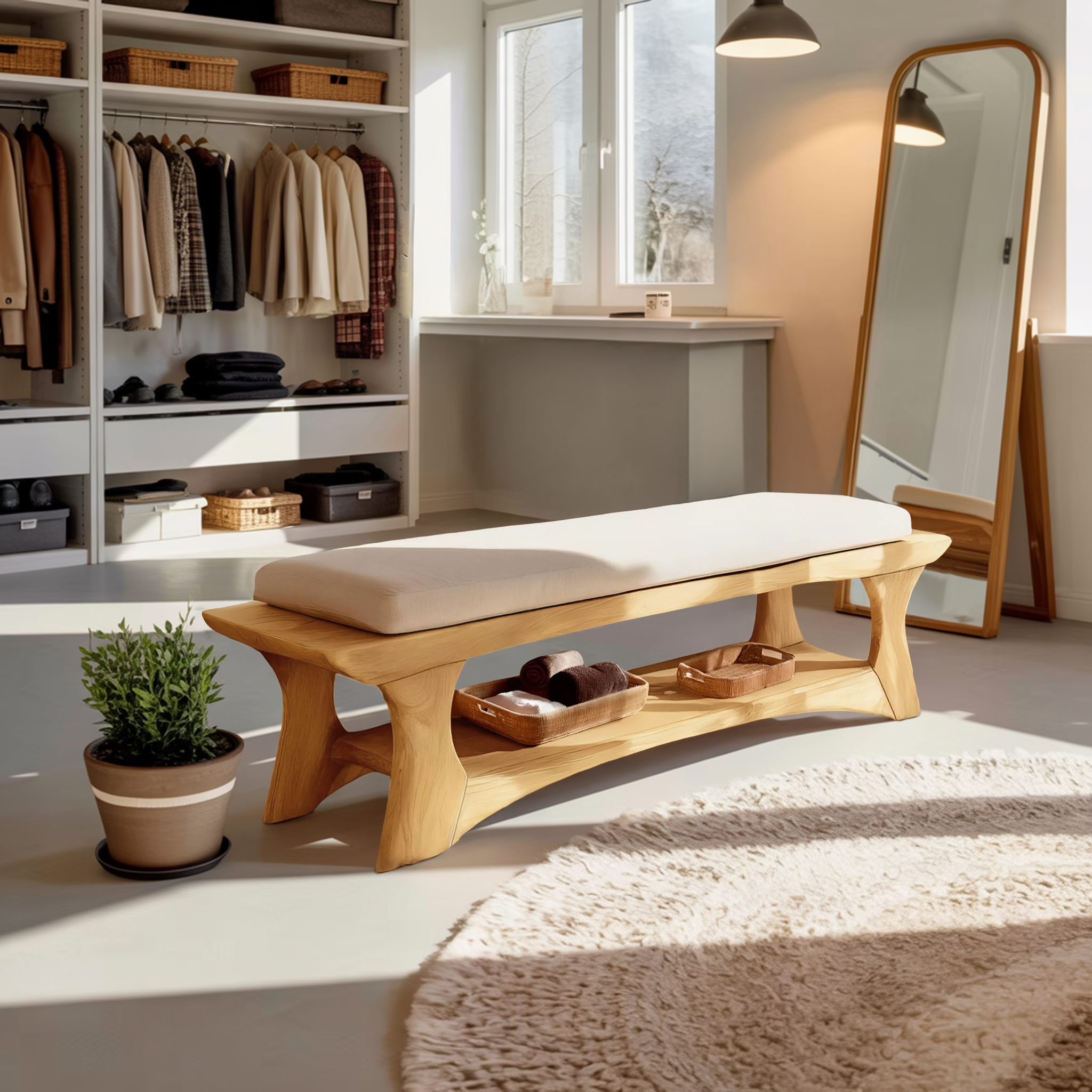 Minimalist Curved Wood Bench For End-of-Bed Design