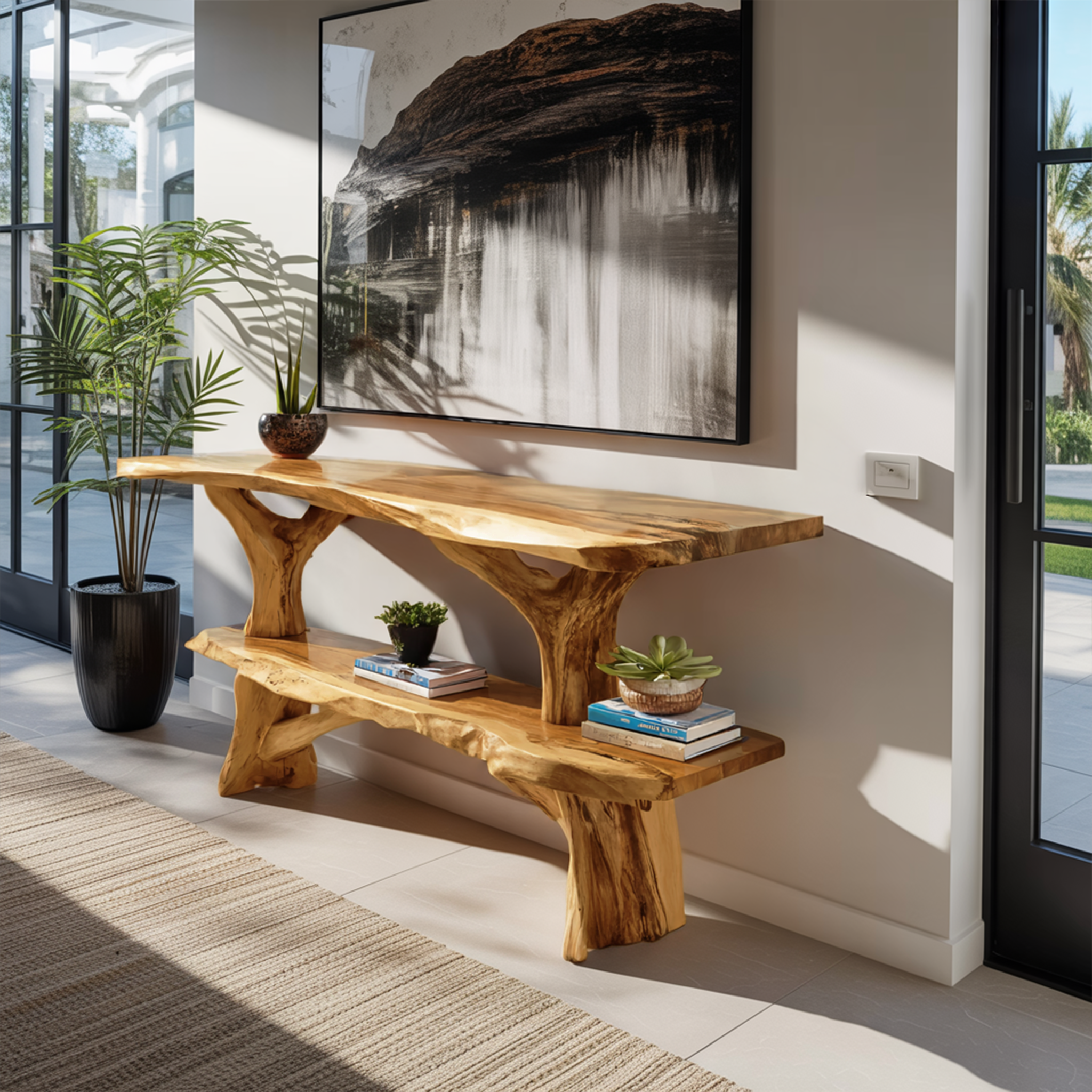 Mid Century Wooden Live Edge Console Table For Apartment Living Room