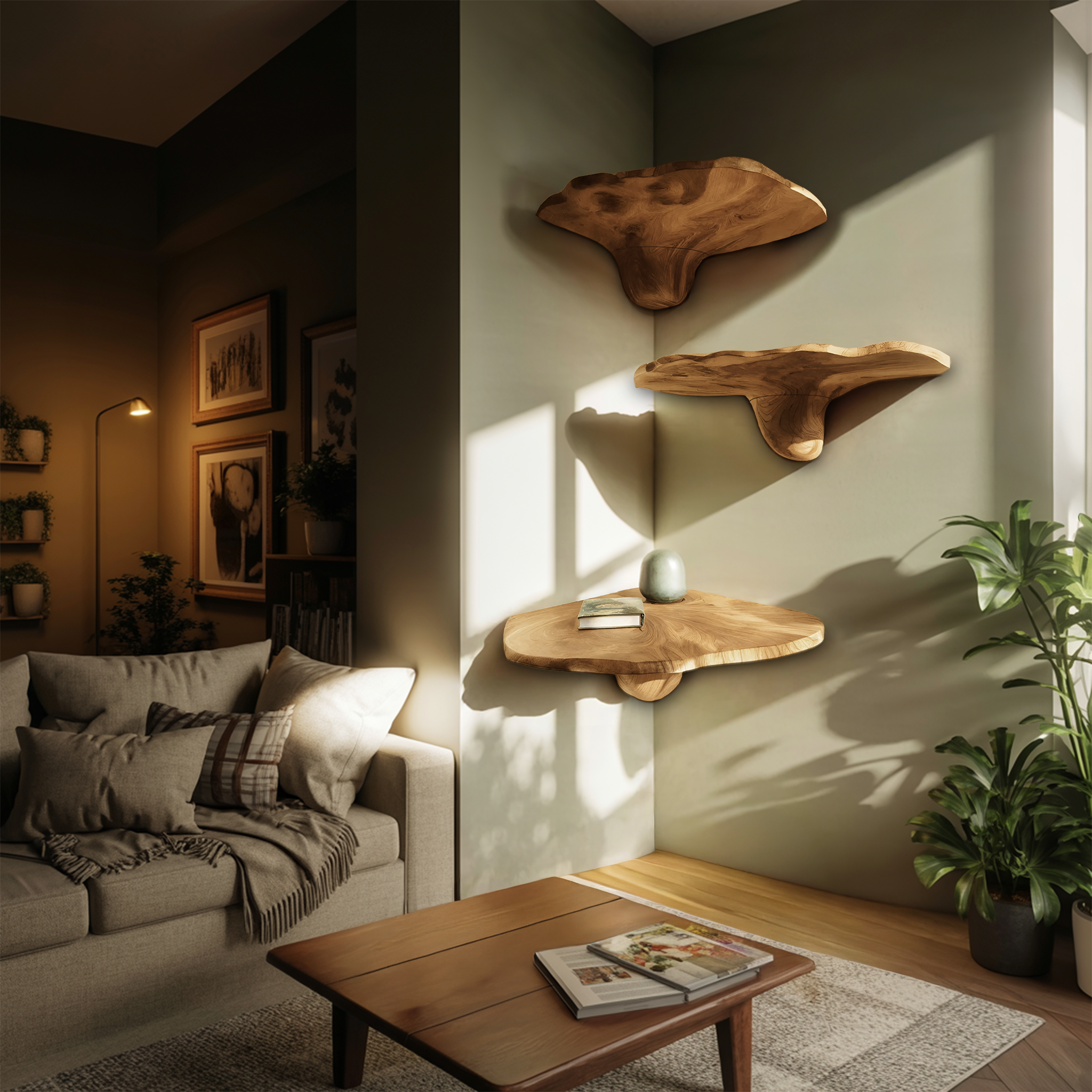 Farmhouse Wooden Live Edge Mushroom Shelf For Living Room Interior Decor