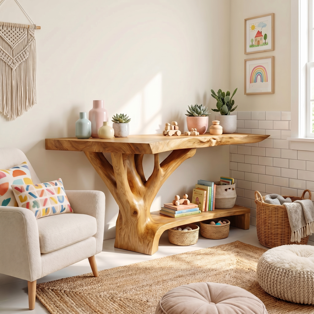 Farmhouse Solid Wood Console Table Sculptural Live Edge For Living Room
