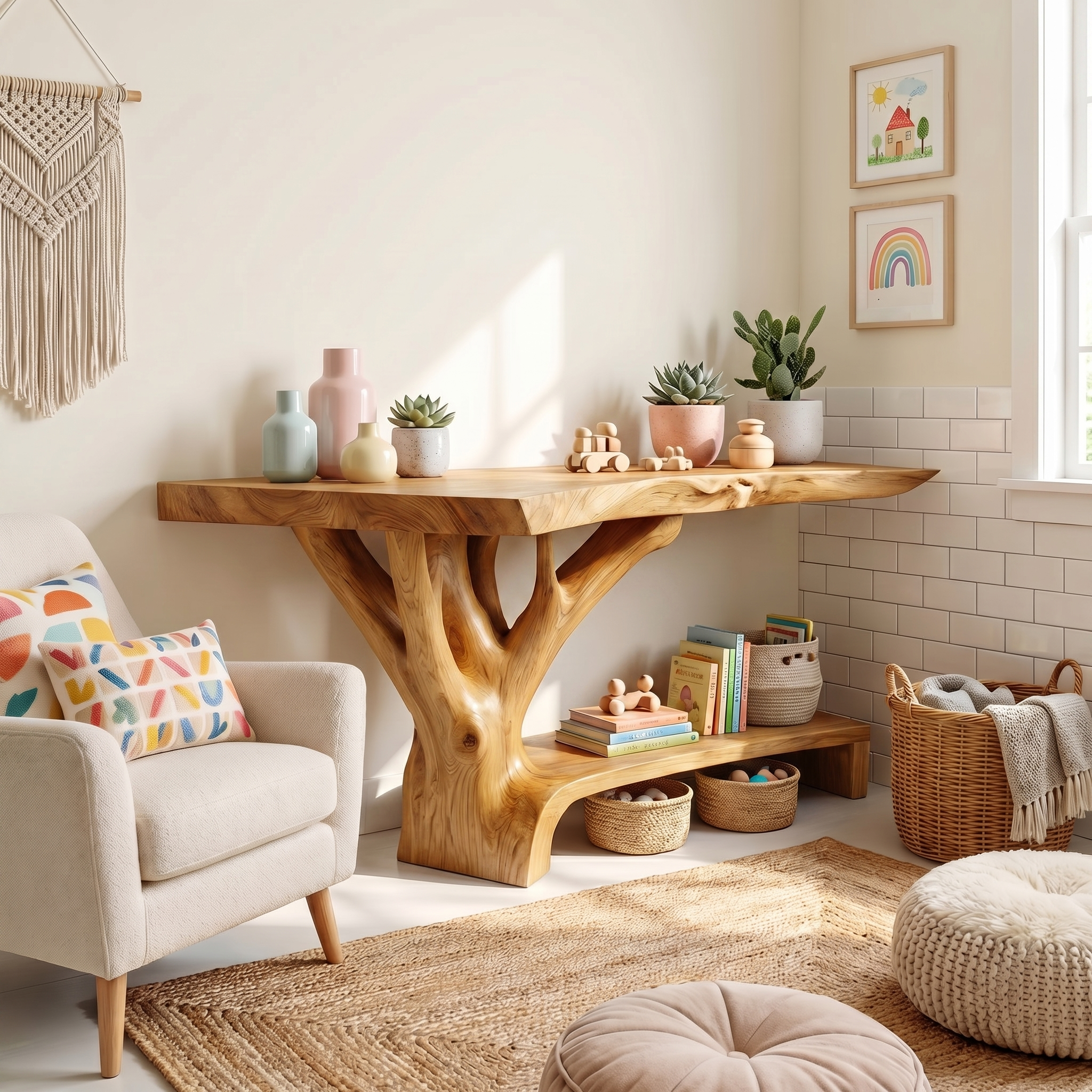 Farmhouse Solid Wood Console Table Sculptural Live Edge For Living Room