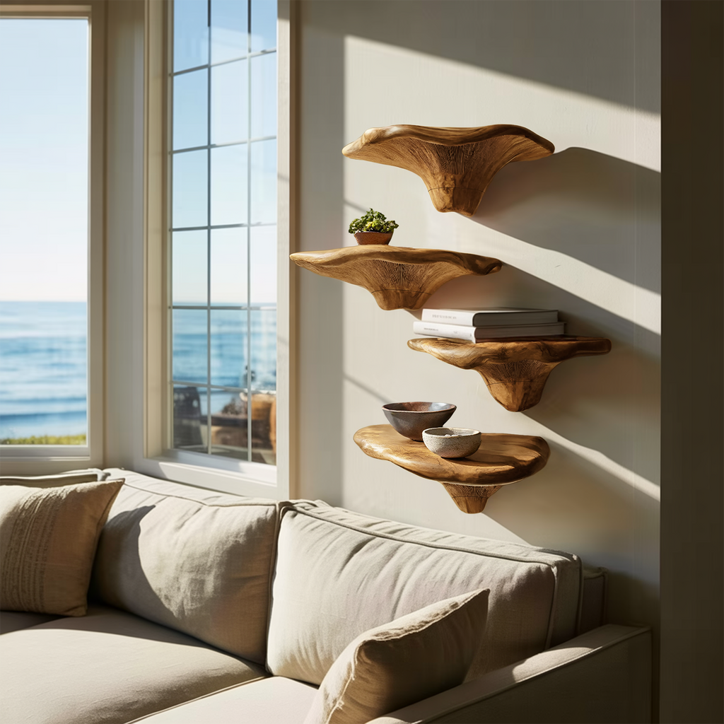 Handcrafted Wooden Live Edge Mushroom Shelf For Furniture Decor