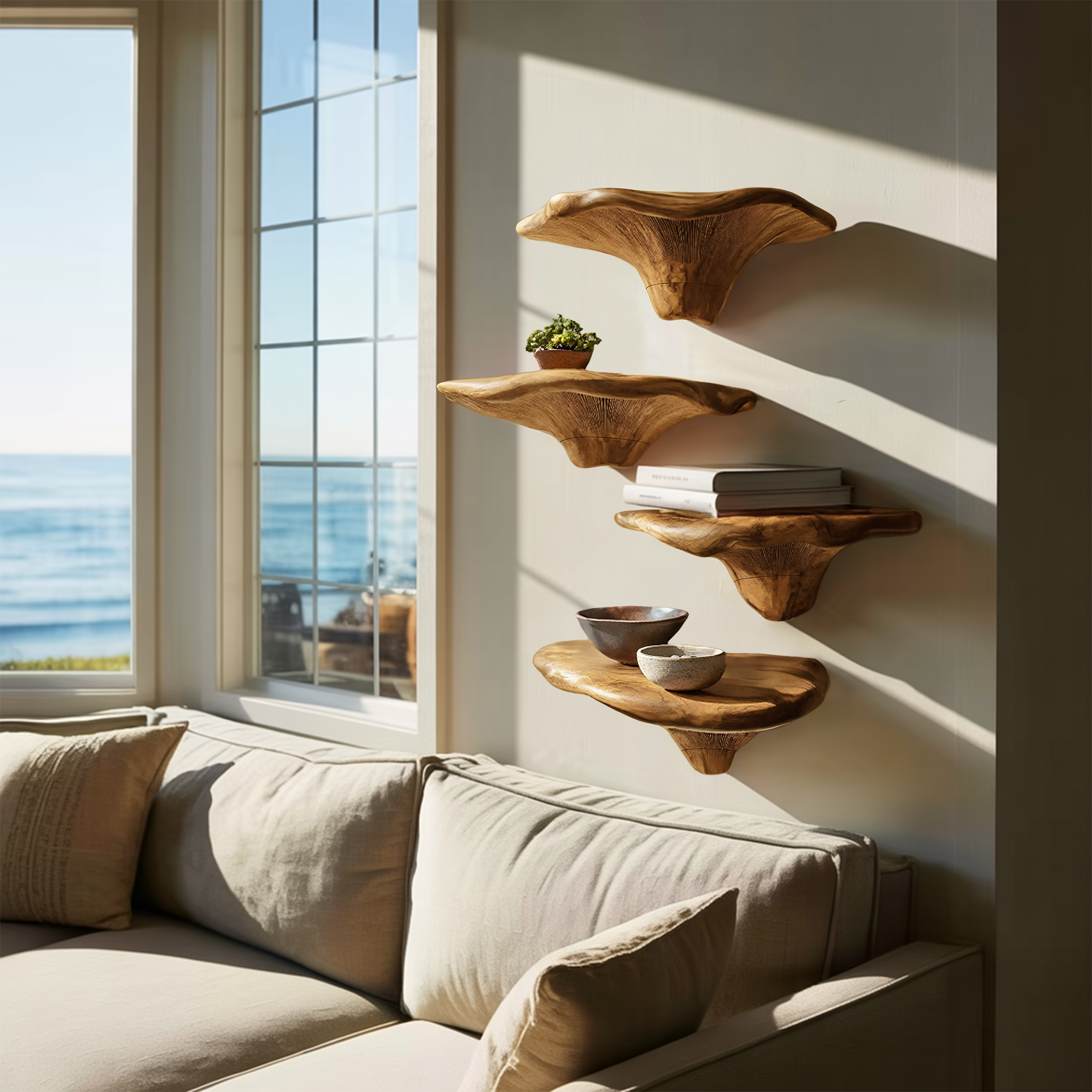 Handcrafted Wooden Live Edge Mushroom Shelf For Furniture Decor