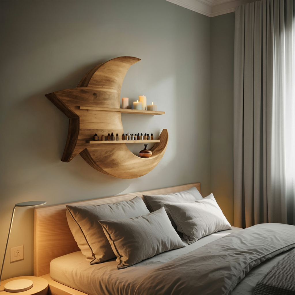 Handcrafted Moon And Star Wooden Shelf For Bedroom Decor