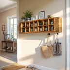Minimalist Wooden Shelf With Hooks For Pantry Organization
