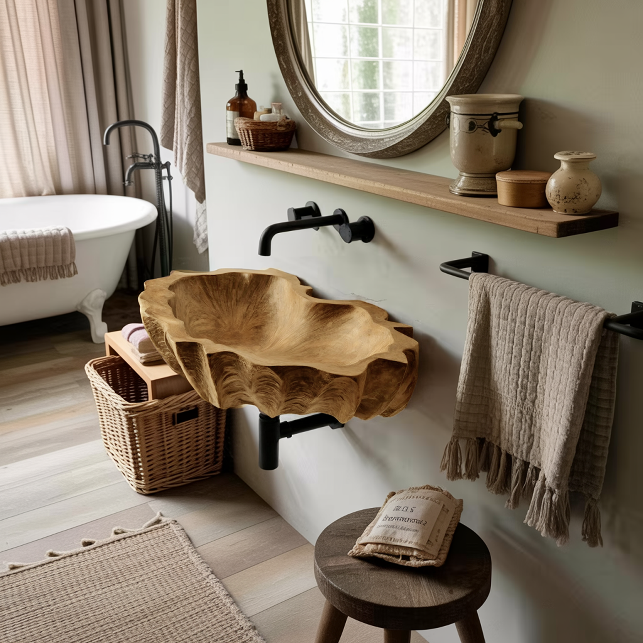 Mid Century Wooden Live Edge Wood Basin For Bedroom Interior Decor