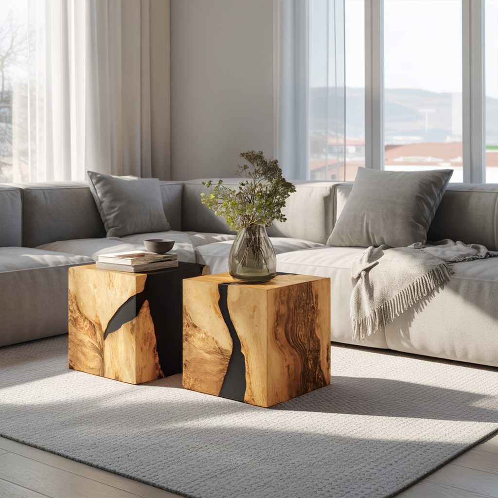 Modern Wooden Cube Coffee Table For Entryway Spaces