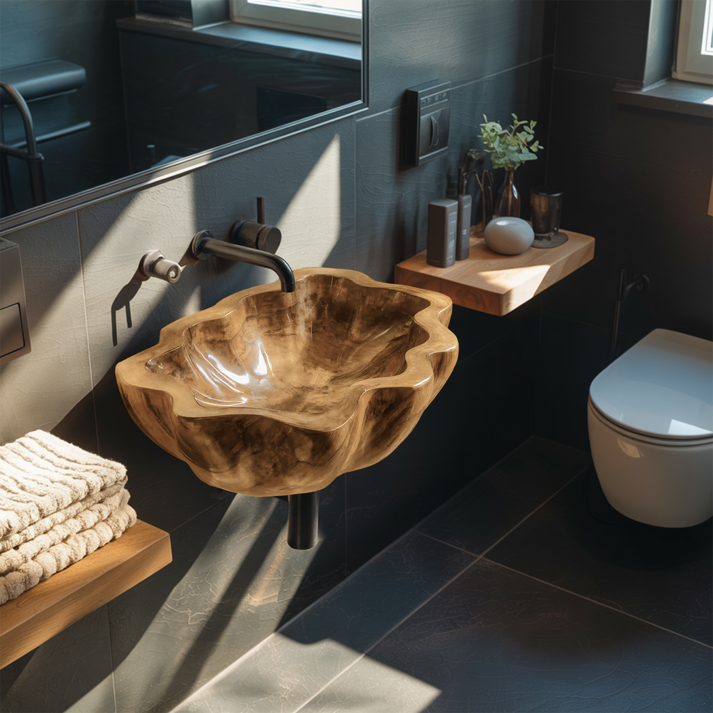 Handcrafted Solid Wood Wash Basin For Artistic Bathroom Interior Decor